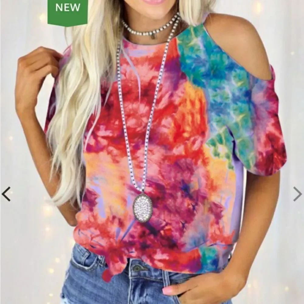 Brightly Colored Tie Dye One Shoulder T-Shirt Sz L